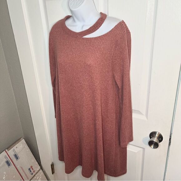 Cotton Emporium Ripped Neck Sweater Dress Cutout Swing Knit Mocha Pink M - Picture 7 of 10